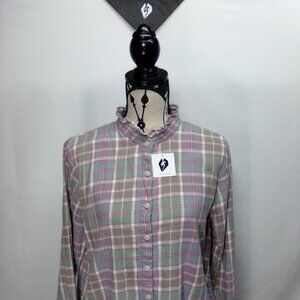 Land's End Vintage Ruffle Collar/ Sleeve Plaid Button Up Women's Top Size LP